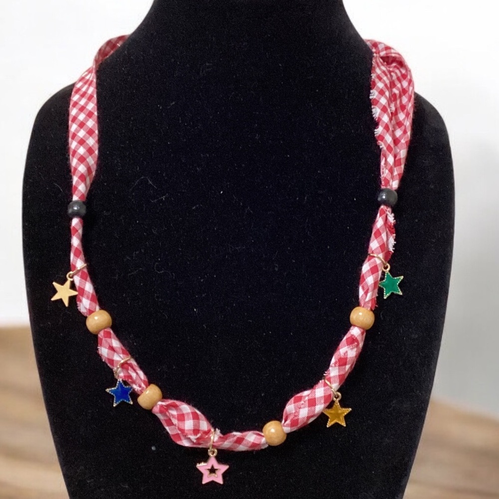 (#137) Red Checkered Necklace with Star Accents